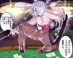  1girl absurdres animal_ears ass back bare_shoulders blood blood_on_face bloody_clothes breasts bunny_tail bunnysuit card casino_card_table commentary_request dual_wielding fake_animal_ears gun high_heels highres holding holding_gun holding_weapon kneeling long_hair looking_at_viewer minami_aomori original pantyhose pink_footwear playing_card rabbit_ears silver_hair solo_focus spread_legs tail violet_eyes weapon wrist_cuffs 