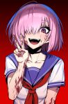  1girl :d alternate_costume bangs blood blood_on_face bloody_hands breasts commentary commentary_request eyebrows_visible_through_hair fate/grand_order fate_(series) hair_over_one_eye highres j.k. looking_at_viewer mash_kyrielight medium_breasts open_mouth purple_hair school_uniform serafuku smile solo teeth tongue v violet_eyes yandere 
