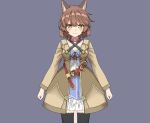  1girl amane_rosylily animal_ear_fluff animal_ears bangs belt black_legwear blush breasts brown_hair brown_jacket closed_mouth commentary_request criss-cross_halter dress eyebrows_visible_through_hair fox_ears fox_girl fox_tail grey_background hair_between_eyes halterneck jacket long_sleeves looking_at_viewer open_clothes open_jacket original red_belt sekira_ame short_hair simple_background small_breasts smile solo tail thigh-highs white_dress yellow_eyes 
