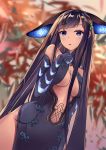  1girl bangs bare_shoulders black_dress black_gloves black_headwear blue_eyes blunt_bangs blurry blurry_background blush breasts center_opening dress elbow_gloves fate/grand_order fate_(series) gloves hair_ornament highres leaf_hair_ornament long_hair looking_at_viewer medium_breasts open_mouth purple_hair solo very_long_hair xiaozuo_cang yang_guifei_(fate/grand_order) 