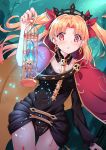 1girl bangs blonde_hair blush bow breasts cape collarbone commentary_request earrings ereshkigal_(fate/grand_order) eyebrows_visible_through_hair fate/grand_order fate_(series) hair_ribbon highres jewelry long_hair looking_at_viewer medium_breasts open_mouth parted_bangs profnote red_cape red_eyes ribbon skull smile solo tiara two_side_up very_long_hair 