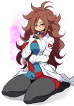  1girl android_21 between_breasts black_legwear blue_eyes breasts brown_hair checkered checkered_dress coat dragon_ball dragon_ball_fighterz dress earrings glasses heart hoop_earrings jewelry kara_age labcoat large_breasts long_hair long_sleeves looking_at_viewer messy_hair multicolored multicolored_clothes multicolored_dress no_shoes open_clothes open_coat pantyhose red_ribbon_army short_dress sitting smile solo very_long_hair wariza white_coat 