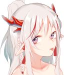  1girl arknights bangs blush braid closed_mouth collarbone commentary_request grey_hair hair_between_eyes horns inniyik long_hair looking_at_viewer multicolored_hair nian_(arknights) pointy_ears ponytail portrait redhead simple_background solo streaked_hair tongue tongue_out violet_eyes white_background 