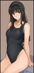  1girl amagami black_eyes black_hair black_hairband black_swimsuit breasts brown_background collarbone competition_swimsuit curly_hair hairband looking_at_viewer medium_breasts mobu morishima_haruka one-piece_swimsuit simple_background sitting smile solo swimsuit 