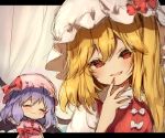  2girls :d ^_^ bangs bat_wings blonde_hair blue_hair blush bow chibi closed_eyes commentary_request dress eyebrows_visible_through_hair fang fingernails flandre_scarlet hair_between_eyes hand_up hat hat_bow head_tilt letterboxed long_hair mob_cap multiple_girls one_side_up open_mouth pink_dress pink_headwear piyokichi puffy_short_sleeves puffy_sleeves red_bow red_eyes red_nails red_sash red_vest remilia_scarlet sash sharp_fingernails short_hair short_sleeves sketch smile touhou upper_body vest wavy_mouth white_headwear wings 
