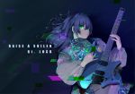  1girl absurdres bang_dream! bangs blue_eyes character_name commentary_request dark_background electric_guitar glitch glowing glowing_eyes green_eyes group_name guitar highres instrument koh_(user_kpcu7748) lock_(bang_dream!) long_hair long_sleeves looking_at_viewer music playing_instrument plectrum puffy_sleeves shiny shiny_clothes solo strandberg_guitars 