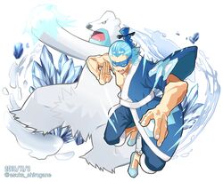  1boy artist_name asuka_shirogane bear beartic black_eyes blue_eyes blue_footwear blue_hair dated domino_mask foreshortening full_body gen_5_pokemon gym_leader hachiku_(pokemon) highres ice mask open_mouth pokemon pokemon_(creature) pokemon_(game) pokemon_bw punching twitter_username white_background wide_sleeves 