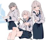  1boy braid crossdressinging crossed_legs grey_eyes grey_hair highres juusan_kihei_bouei_ken long_hair long_sleeves looking_at_viewer male_focus otoko_no_ko pleated_skirt school_uniform shiomi_(lowrise) silver_hair skirt smile solo tsukasa_okino twin_braids very_long_hair 