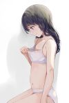  1girl bangs bare_arms bare_shoulders black_hair bra breast_conscious collarbone commentary_request flat_chest fukumaru_koito highres hiroki_(yyqw7151) idolmaster idolmaster_shiny_colors long_hair navel panties sitting solo spaghetti_strap stomach underwear underwear_only violet_eyes white_background white_bra white_panties 