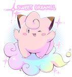  2017 claws clefairy clouds commentary creature english_commentary english_text fang full_body gen_1_pokemon highres milka_(milk4ppl) no_humans one_eye_closed pokemon pokemon_(creature) signature solo sparkle standing white_background 