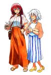  2girls alternate_costume bag blue_eyes blue_stripes bracelet braid brown_bag drink full_body hair_between_eyes height_difference high_heels holding_drink hong_meiling izayoi_sakuya jewelry koyubi_(littlefinger1988) long_hair long_skirt multiple_girls open_mouth orange_footwear orange_skirt orange_stripes redhead sandals shirt short_hair short_sleeves shoulder_bag side_braid simple_background skirt smile standing striped striped_shirt striped_skirt touhou twin_braids white_background white_hair white_shirt white_skirt yellow_footwear 