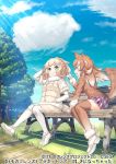  2girls animal_ears bench beniimo_danshaku commentary_request elbow_gloves eyebrows_visible_through_hair fur_collar fur_trim gloves hands_in_pockets horns japanese_wolf_(kemono_friends) kemono_friends kemono_friends_3 light_brown_hair light_brown_legwear long_hair long_sleeves multicolored_hair multiple_girls official_art pantyhose plaid plaid_neckwear plaid_skirt pleated_skirt puffy_coat sheep_(kemono_friends) sheep_ears sheep_girl sheep_horns sheep_tail shoes short_hair sitting skirt sneakers sweater tail thigh-highs vest white_gloves white_hair white_legwear wolf_ears wolf_girl wolf_tail yellow_eyes zettai_ryouiki 