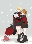  3girls absurdres bag bangs binoculars black_bow black_coat black_footwear black_gloves black_skirt blonde_hair blue_eyes boots bow braid breath carrying closed_eyes closed_mouth commentary_request cup darjeeling_(girls_und_panzer) epaulettes eyebrows_visible_through_hair fallen_down girls_und_panzer gloves hair_bow highres holding holding_cup holding_map jacket jacket_on_shoulders korean_commentary long_sleeves looking_at_another map medium_hair military military_uniform miniskirt multiple_girls open_mouth orange_hair orange_pekoe_(girls_und_panzer) parted_bangs perfect_han pleated_skirt red_jacket redhead rosehip_(girls_und_panzer) satchel short_hair skirt smile st._gloriana&#039;s_military_uniform standing teacup tied_hair trembling twin_braids uniform walking 