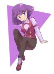  1girl black_pants bow bowtie breasts brown_footwear cabernet_(pokemon) eyes_visible_through_hair kijouyu long_sleeves looking_at_viewer medium_breasts pants pokemon pokemon_(anime) pokemon_bw_(anime) purple_hair red_neckwear red_vest short_hair simple_background sitting smile socks triangle vest violet_eyes white_background white_legwear 