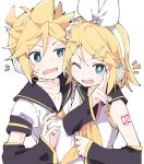  /\/\/\ 1boy 1girl ;d bare_shoulders bass_clef black_sailor_collar blonde_hair blue_eyes blush bow bright_pupils collarbone d: detached_sleeves dot_nose eyebrows_visible_through_hair frills hair_bow hair_ornament hairclip hand_on_another&#039;s_head hand_up headphones headset ixy kagamine_len kagamine_rin looking_at_another looking_at_viewer microphone nail_polish necktie necktie_grab neckwear_grab one_eye_closed open_mouth puffy_short_sleeves puffy_sleeves raised_eyebrow sailor_collar school_uniform serafuku shirt short_hair short_sleeves simple_background smile sweat tsurime upper_body v vocaloid white_background white_bow white_pupils white_shirt wide_sleeves yellow_nails yellow_neckwear 