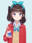  1girl blue_background blue_ribbon bottle bow bowtie brown_hair closed_mouth collared_shirt diagonal-striped_neckwear diagonal_stripes dress_shirt hair_ribbon holding holding_bottle jacket k_mugura long_hair looking_at_viewer one_side_up open_clothes open_jacket original red_jacket ribbon shirt simple_background smile solo striped striped_neckwear sweater_vest upper_body white_shirt 