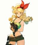  1girl belt blonde_hair breasts cargo_shorts character_request closed_mouth collarbone dragon_ball eyebrows_visible_through_hair green_eyes gun highres holding holding_gun holding_weapon kuroimori long_hair looking_at_viewer lunch_(dragon_ball) medium_breasts shorts solo wavy_hair weapon 