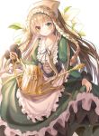  1girl apron blush brown_hair closed_mouth collarbone eyebrows_visible_through_hair green_eyes heterochromia highres icebox46 long_hair looking_at_viewer maid maid_apron red_eyes rozen_maiden smile solo suiseiseki very_long_hair watering_can 