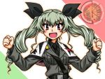  1girl :d anchovy_(girls_und_panzer) anzio_(emblem) anzio_military_uniform bangs belt black_neckwear black_shirt clenched_hands commentary dress_shirt drill_hair emblem eyebrows_visible_through_hair flag_background girls_und_panzer green_hair grey_jacket grin italian_flag jacket long_hair long_sleeves looking_at_viewer military military_uniform necktie oosaka_kanagawa open_mouth red_eyes sam_browne_belt shirt smile solo twin_drills twintails uniform upper_body v-shaped_eyebrows w_arms wing_collar 