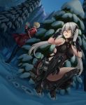  1boy 1girl belt black_gloves blonde_hair blush capelet chinese_commentary commander_(girls_frontline) commentary_request crying crying_with_eyes_open destroyer_(girls_frontline) dutch_angle fur-trimmed_capelet fur_trim gift girls_frontline gloves highres moran_(pixiv27824646) multicolored_hair pine_tree red_capelet revision sangvis_ferri silver_hair snow streaked_hair tears tree twintails yellow_eyes 