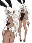  1girl absurdres animal_ears asimatosinosin ass bangs bare_legs black_footwear black_neckwear borrowed_character bow bowtie bunny_tail commentary_request cuffs dark_skin detached_collar eyebrows_visible_through_hair eyepatch flat_chest green_eyes hairband highres long_hair looking_at_viewer multiple_views original rabbit_ears smirk tail very_long_hair white_hair 