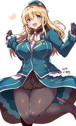  1girl :d atago_(kantai_collection) bangs beret black_gloves blonde_hair blue_headwear blush breasts commentary_request eyebrows_visible_through_hair gloves green_eyes hat heart ichihaya kantai_collection large_breasts leg_up long_hair looking_at_viewer military military_uniform open_mouth pantyhose revision rudder_footwear simple_background skirt smile solo uniform white_background 