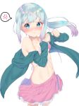  1girl anger_vein bangs bare_shoulders bikini blush breasts closed_mouth collarbone commentary_request covering covering_breasts eromanga_sensei eyebrows_visible_through_hair gradient_hair green_hair green_jacket highres izumi_sagiri jacket k_mugura long_hair long_sleeves looking_at_viewer multicolored_hair navel nose_blush open_clothes open_jacket pink_bikini pink_skirt pleated_skirt ponytail purple_hair silver_hair simple_background skirt sleeves_past_wrists small_breasts solo spoken_anger_vein swimsuit tears very_long_hair white_background 