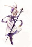  1girl antennae black_legwear dress forehead_jewel full_body gloves holding holding_staff hood jewelry long_hair looking_at_viewer necklace nemu_(isaya) purple_gloves purple_scarf red_eyes scarf simple_background solo sonorous_sky:_kenso_no_sora staff white_background white_dress white_hair 