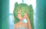  1girl aqua_eyes camisole collarbone commentary english_commentary green_hair half-closed_eyes hand_up hatsune_miku highres long_hair looking_at_viewer neriw one_eye_closed parted_lips portrait rubbing_eyes solo spaghetti_strap twintails very_long_hair vocaloid water_drop window 