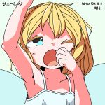  1girl arm_up armpits artist_name bangs bare_shoulders blonde_hair blue_eyes blush camisole character_name collarbone fairy huxiao_(mistlakefront) number one_eye_closed open_mouth solo sunny_milk teeth touhou upper_body yawning 