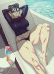  1girl abs arms_behind_head bare_legs beach_chair bikini_bottom breasts brown_eyes brown_hair butcherboy capcom chun-li cup double_bun drink drinking_glass drinking_straw highres large_breasts muscle muscular_female poolside resting street_fighter thick_thighs thighs 