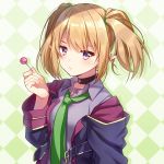  1girl absurdres argyle argyle_background bangs black_choker blonde_hair blue_jacket candy chloe_(princess_connect!) choker closed_mouth collared_shirt colored_shadow drop_shadow eyebrows_behind_hair food green_neckwear hand_up highres holding holding_food holding_lollipop ichiren_namiro jacket lollipop long_sleeves looking_at_viewer necktie open_clothes open_jacket pointy_ears princess_connect! princess_connect!_re:dive purple_shirt shadow shirt sidelocks solo twintails upper_body violet_eyes 