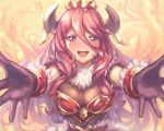  1girl absurdres blush breasts dragalia_lost fangs gloves hairband highres large_breasts lipstick long_hair makeup mikazukiblue mym_(dragalia_lost) nose_blush open_mouth outstretched_hand redhead smile 