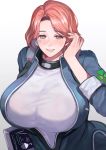  1girl artist_request bangs bodysuit breasts collar forehead fortune_(last_origin) highres huge_breasts last_origin looking_at_viewer open_mouth parted_bangs red_eyes redhead shiny shiny_hair shiny_skin shirt smile tight white_shirt zipper 