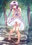  1girl barefoot commentary_request dress hair_ornament highres long_hair looking_at_viewer open_mouth purple_hair short_hair_with_long_locks smile solo soon tree twintails violet_eyes vocaloid water yuzuki_yukari 