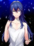  1girl ameno_(a_meno0) bangs bare_arms blue_eyes blue_hair blurry blurry_background breasts collarbone commentary_request eyelashes fire_emblem fire_emblem_awakening hair_between_eyes hand_on_own_shoulder hand_up long_hair looking_at_viewer lucina lucina_(fire_emblem) open_hand shiny shiny_hair shirt sidelocks sleeveless small_breasts smile snow solo tiara upper_body white_shirt 