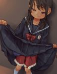  1girl brown_eyes brown_hair commentary lifted_by_self looking_at_viewer name_tag original santa_costume school_uniform serafuku shorts shorts_under_skirt skirt skirt_lift smug solo tessaku_ro 