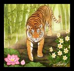  animal bamboo black_border border flower leaf looking_at_viewer no_humans original pink_flower plant signature takigraphic tiger white_flower 
