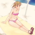  1girl beach blanket blonde_hair breasts closed_mouth earrings green_eyes hair_ornament high_heels jewelry looking_at_viewer lunaismaiwaifu maka_albarn medium_hair navel sand sitting sketch sleepy_(artist) small_breasts smile solo soul_eater swimsuit umbrella 