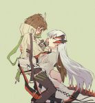  arknights armband bangs blush bob_cut brown_hair cloak covering_mouth dragon_tail earrings embarrassed feathers glasses high_collar horns jewelry kumo_ryuun lifted_by_another lifting_person long_coat long_hair looking_at_viewer nail_polish platinum_blonde_hair saria_(arknights) silence_(arknights) single_thighhigh smile stitches strap tail thigh-highs white_coat yellow_eyes yuri 