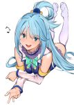  1girl absurdres aqua_(konosuba) bangs blue_eyes blue_hair blue_shirt blue_skirt bow breasts detached_sleeves eyelashes feet_up green_bow hair_ornament hair_rings highres jikatarou kono_subarashii_sekai_ni_shukufuku_wo! legs_up long_hair looking_at_viewer lying medium_breasts no_shoes on_stomach ponytail shiny shiny_hair shiny_skin shirt sidelocks simple_background skirt smile soles solo the_pose thigh-highs white_background white_legwear x_hair_ornament 