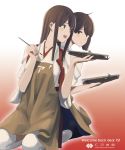  2girls akagi_(aircraft_carrier) akagi_(kantai_collection) apron back-to-back blue_hakama brown_eyes brown_hair flight_deck gloves hakama hakama_skirt japanese_clothes kaga_(aircraft_carrier) kaga_(kantai_collection) kantai_collection long_hair model_graphix model_ship multiple_girls muneate nontraditional_miko official_art partly_fingerless_gloves ribbon-trimmed_sleeves ribbon_trim shibafu_(glock23) short_sidetail side_ponytail smile straight_hair tasuki thigh-highs tsurime yugake 