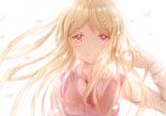  1girl ahoge akamatsu_kaede blonde_hair commentary_request crying crying_with_eyes_open dangan_ronpa floating_hair hand_in_hair highres iceblue long_hair looking_at_viewer musical_note_hair_ornament necktie new_dangan_ronpa_v3 petals pink_eyes red_neckwear revision school_uniform shirt simple_background smile solo tears upper_body very_long_hair white_background white_shirt 