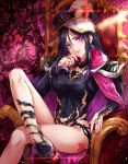  1girl black_hair breasts cape closed_mouth crossed_legs dominatrix earrings facial_mark hat highres jewelry large_breasts leotard long_hair looking_at_viewer official_art pauldrons peaked_cap queen&#039;s_blade queen&#039;s_blade_white_triangle sakiyamama sidelocks sitting solo tattoo taut_leotard violet_eyes 