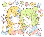  &gt;:) 2girls :d bangs blonde_hair blue_eyes blue_flower blush bow closed_mouth collarbone colored_eyelashes commentary_request cropped_torso double_bun drawstring eyebrows_visible_through_hair flower green_eyes green_hair hair_between_eyes hair_flower hair_ornament hand_up head_scarf jacket long_hair long_sleeves looking_at_viewer meito_(maze) morinaka_kazaki multiple_girls nijisanji open_clothes open_jacket open_mouth otogibara_era pink_jacket red_bow sailor_collar simple_background sleeves_past_wrists smile translation_request upper_body v v-shaped_eyebrows virtual_youtuber white_background white_sailor_collar 