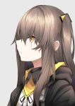  1girl bangs black_jacket black_ribbon brown_eyes brown_hair closed_mouth commentary dress_shirt eyebrows_visible_through_hair girls_frontline grey_background hair_between_eyes hair_ornament hood hood_down hooded_jacket jacket kurifuto long_hair looking_away neck_ribbon one_side_up profile ribbon scar scar_across_eye shirt simple_background solo ump45_(girls_frontline) upper_body white_shirt 