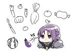  1girl bangs boned_meat braid carrot chibi closed_mouth cropped_torso daikon eggplant food fruit highres ichiren_namiro jitome meat parted_bangs pauldrons princess_connect! princess_connect!_re:dive pumpkin purple_hair shirogane_jun simple_background solo spring_onion tomato upper_body violet_eyes vs watermelon white_background 