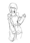  1girl breasts copyright_request glasses greyscale jacket kotoyama long_hair looking_at_viewer monochrome open_mouth shorts simple_background solo tank_top white_background 