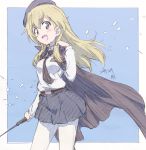  1girl :d anchovy_(girls_und_panzer) anchovy_(girls_und_panzer)_(cosplay) anzio_school_uniform artist_name bangs belt beret black_belt black_cape black_headwear black_neckwear black_skirt blonde_hair blue_background cape carpaccio_(girls_und_panzer) commentary confetti cosplay cowboy_shot dated dress_shirt emblem girls_und_panzer green_eyes hand_in_hair hat highres holding long_hair long_sleeves looking_at_viewer miniskirt necktie open_mouth outside_border pantyhose pleated_skirt riding_crop robinsonk9999 school_uniform shirt signature skirt smile solo standing traditional_media white_legwear white_shirt 