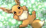  :d blush brown_eyes creature eevee flower from_above full_body gen_1_pokemon grass happy lying on_back open_mouth pokemon pokemon_(creature) signature smile tansho 